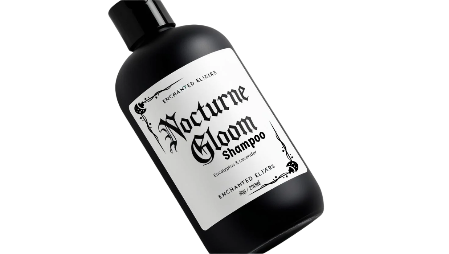 Black shampoo bottle labeled 'Nocturne Gloom' on a gray background