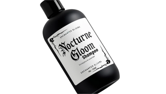 Black shampoo bottle labeled 'Nocturne Gloom' on a gray background